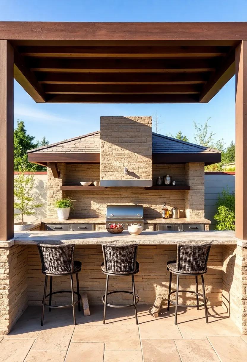 Contemporary Outdoor Bar:‍ A ‌stylish⁣ stone bar area with high-top seating invites guests to relax,‍ sip, and savor the outdoor cooking experience