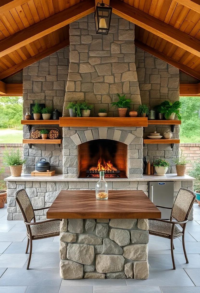 Country Kitchen: A rustic stone⁣ fireplace and open shelving​ filled with ‍herbs and ⁣spices create a ⁤country-style outdoor kitchen perfect for family gatherings