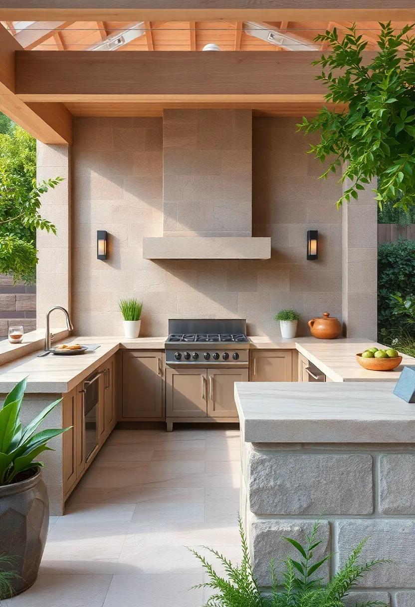 Earthy Elegance: Earth-toned⁣ stones and natural finishes ‌blend beautifully with lush ​greenery, creating a ​serene cooking space ⁣that feels grounded‍ and welcoming