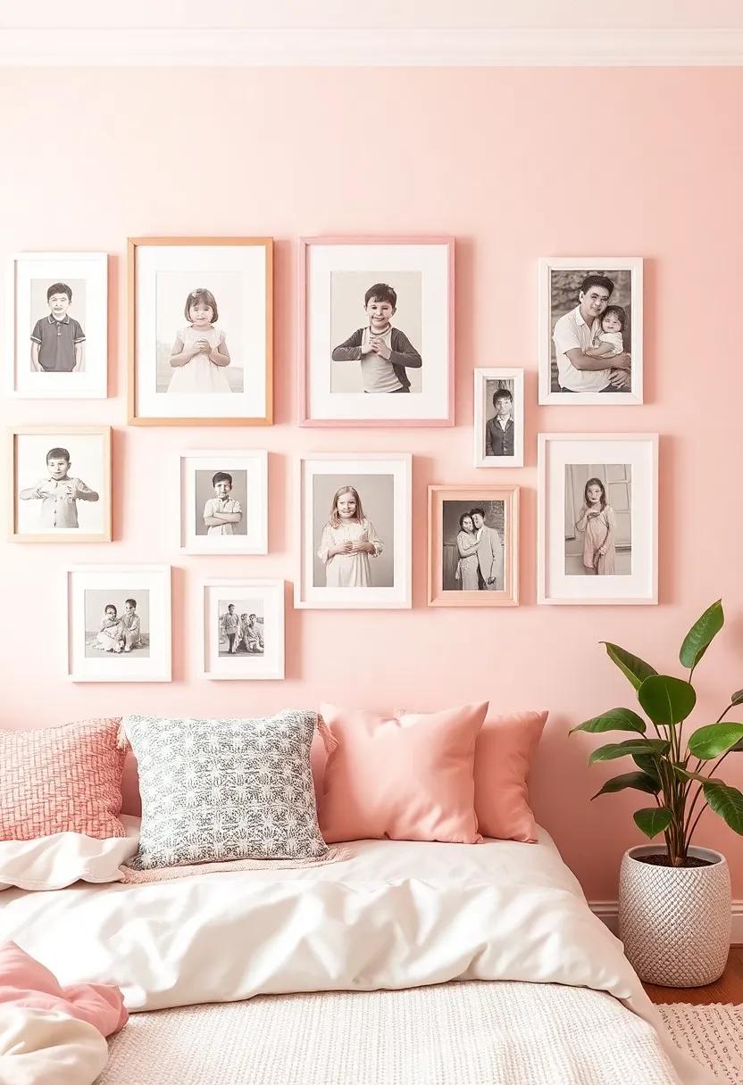Personal ​gallery Wall: Establish a gallery‍ wall with family photos, artwork, and⁣ personal achievements framed⁣ in pastel pink or⁤ white frames for a touch ⁢of personalization