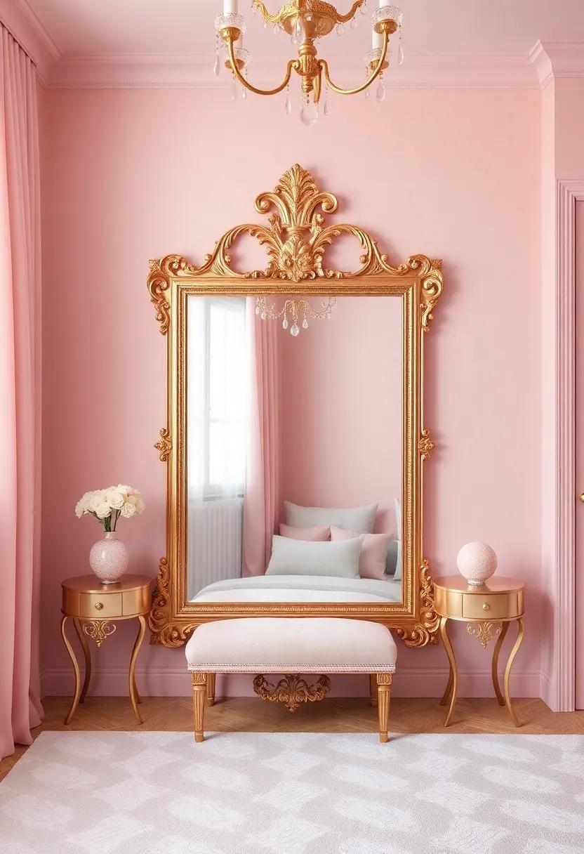 Glamorous Mirrors: Incorporate a large,ornate ⁢pink or gold-framed mirror to add⁢ depth⁣ to the ⁣room while also serving as a stunning​ focal point