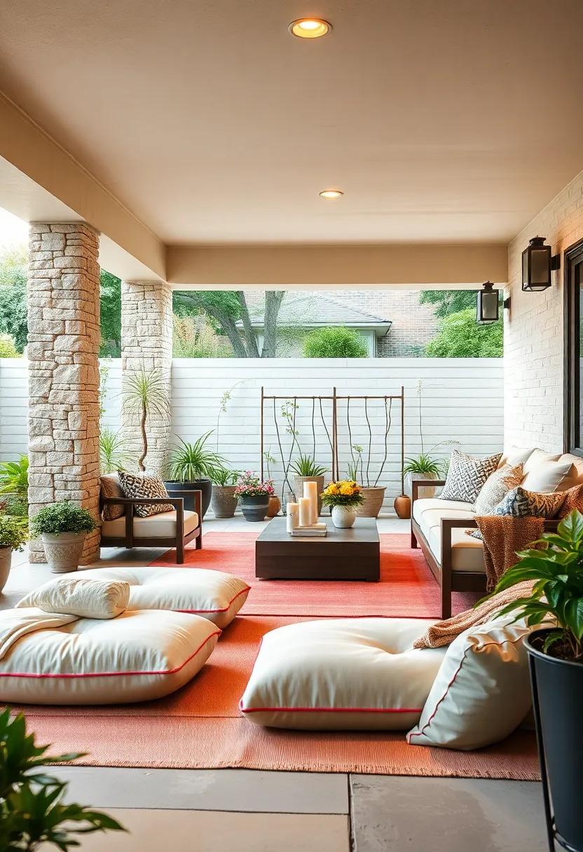 floor Cushions: Scatter oversized floor cushions on the patio to provide comfortable seating options that‍ encourage lounging and relaxation
