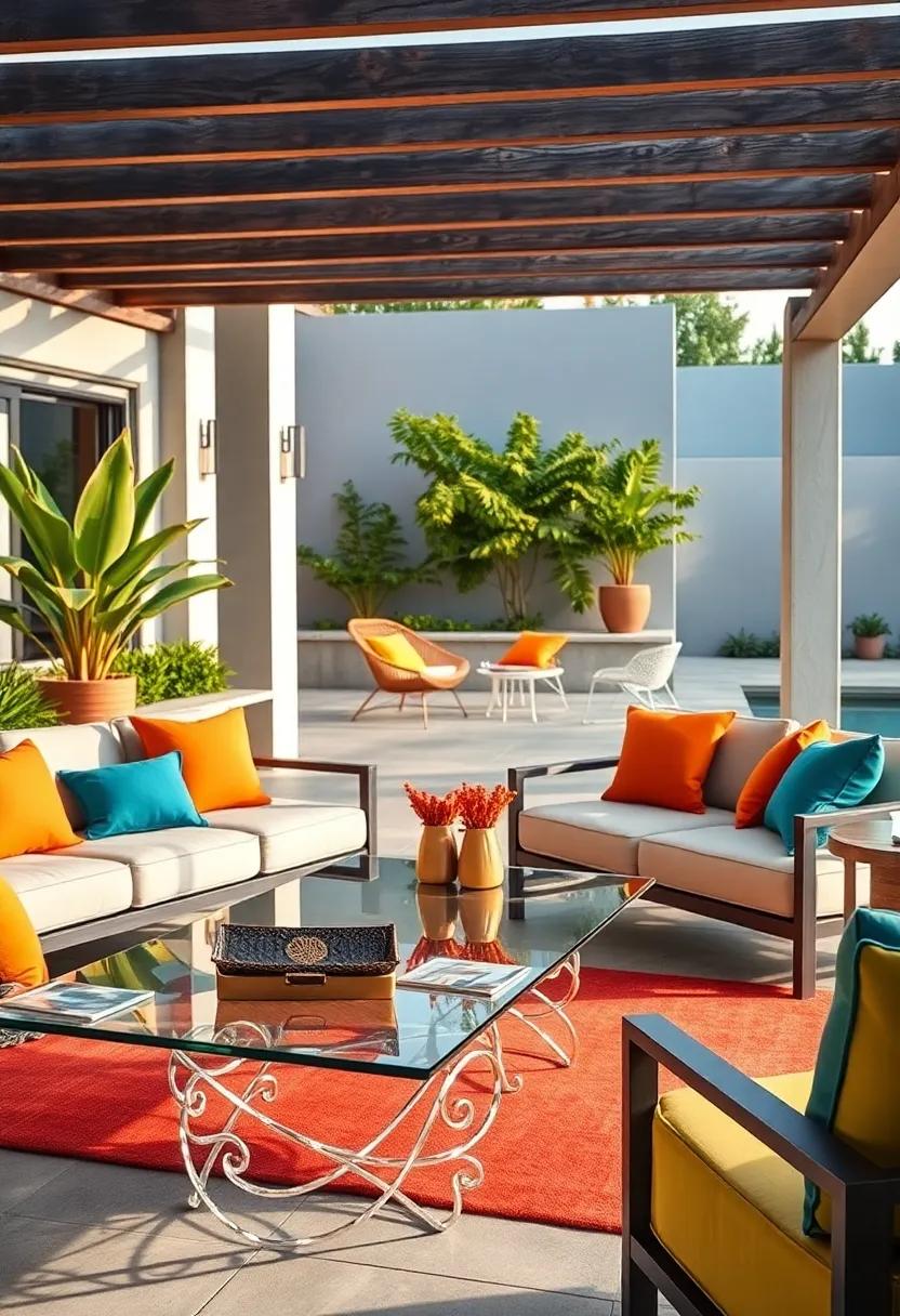 Go bold with vibrant cushions ⁤on a contemporary aluminum lounge set and a designer acrylic coffee table that makes a statement