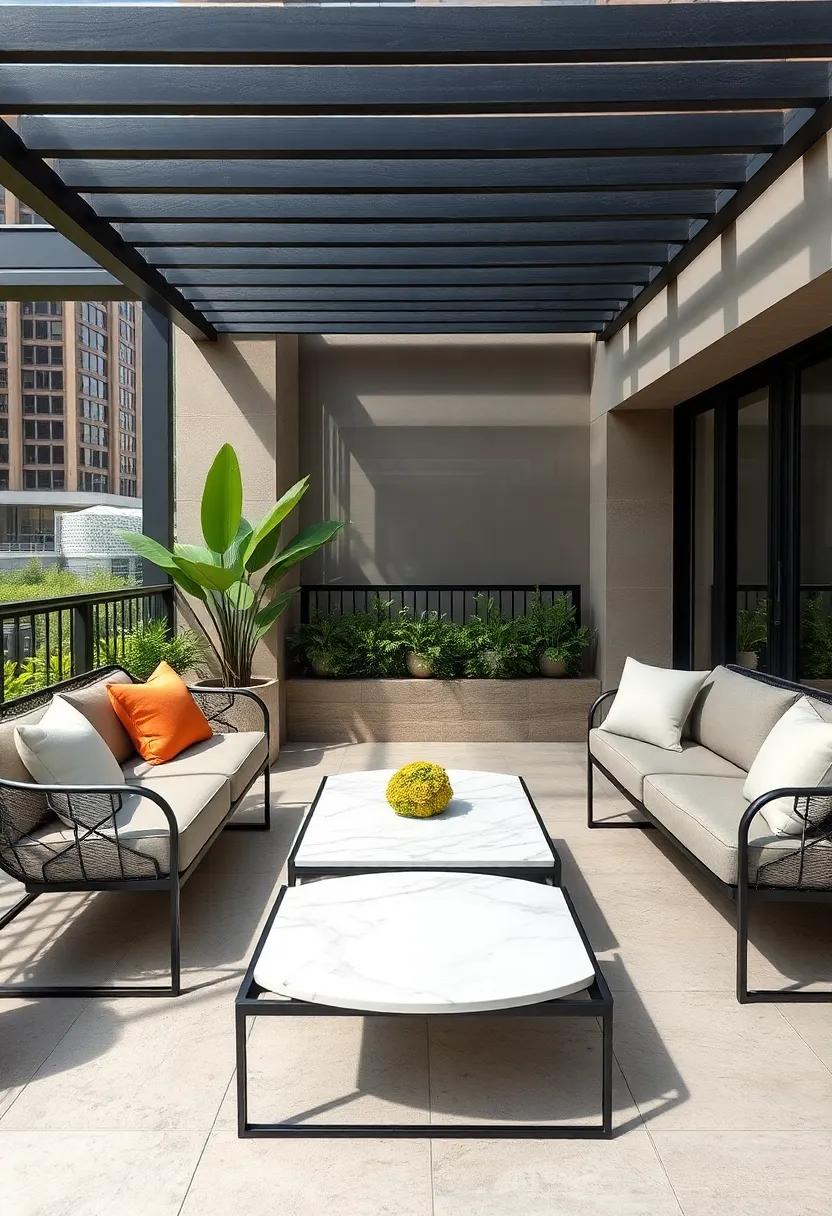 Chic Urban oasis: A stylish metal frame lounge with a marble-topped coffee table ⁤adds an ‍upscale‍ feel to⁢ your city patio