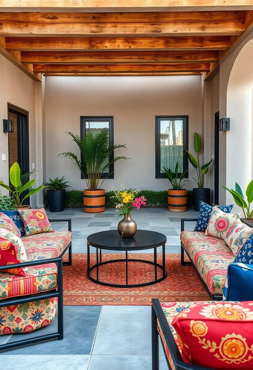 Choose bold ‍patterns with a vibrant, upholstered lounge set‍ and a round metal coffee table,⁤ creating ⁣an inviting and lively outdoor retreat
