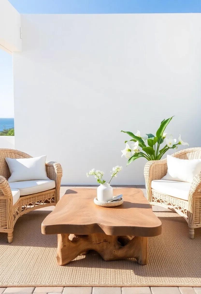 Coastal Calm: Light-colored ⁢wicker furniture ⁢paired with a driftwood coffee table ​transports you to the beach,⁣ no ⁤matter⁢ your ⁤location