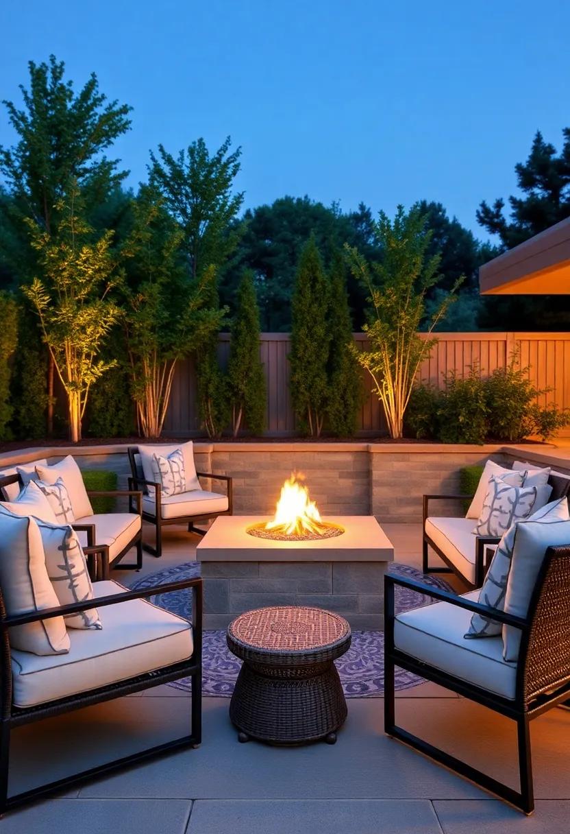 Cozy ​Fire Pit Surround: Create an inviting atmosphere around a fire pit with comfy loungers and a low coffee table, perfect for evening conversations
