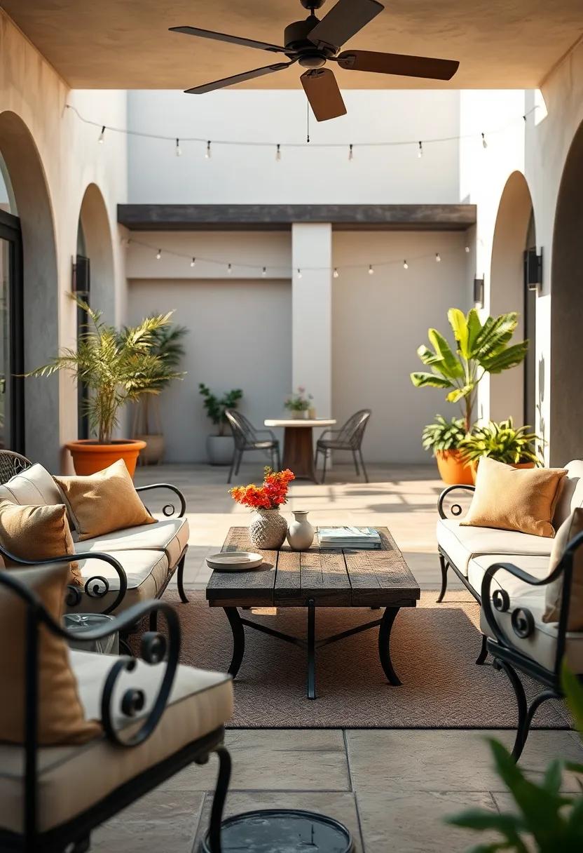 Create a vintage atmosphere with wrought iron lounge furniture and a distressed wood coffee table that captures timeless charm