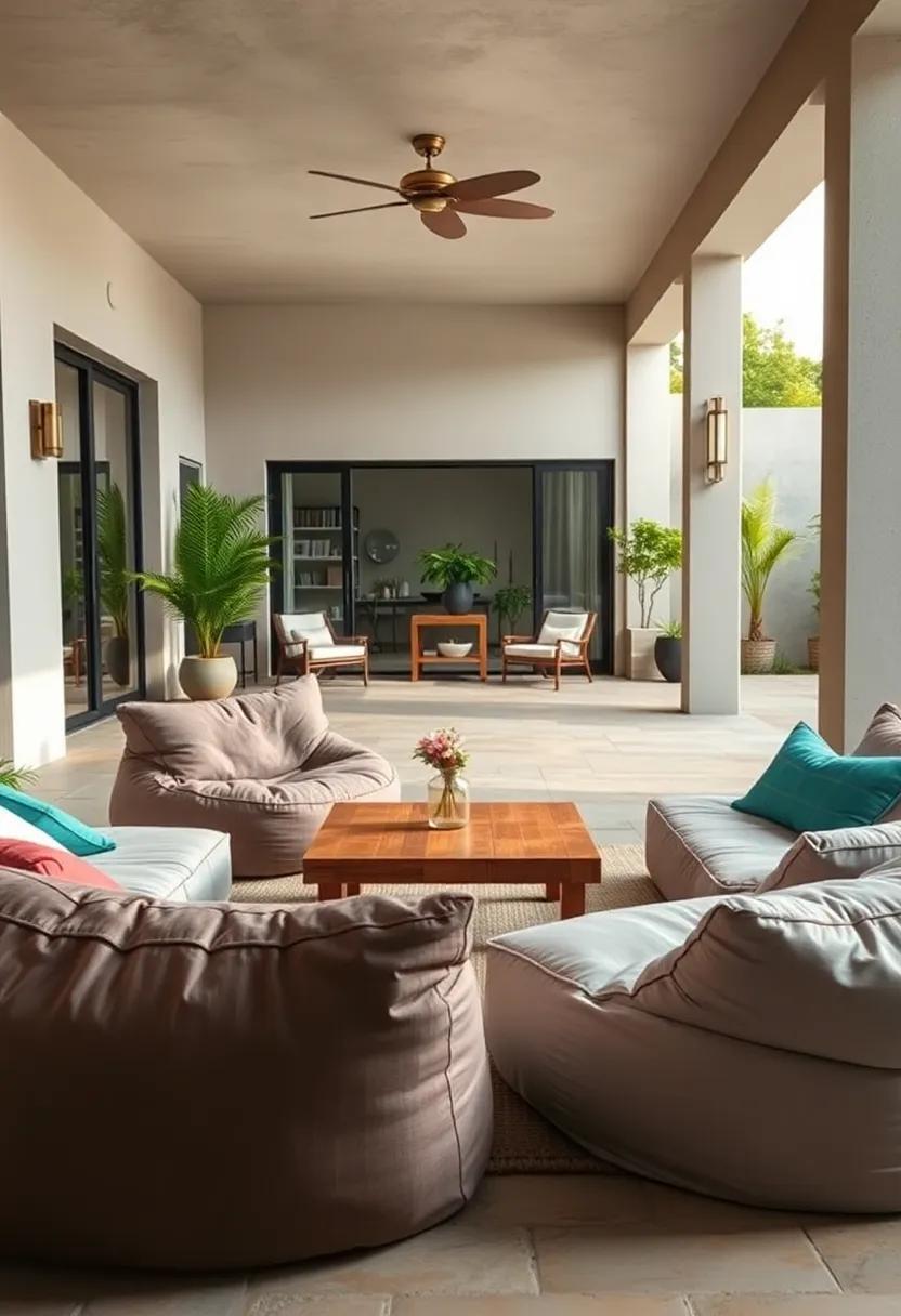 Create⁢ an inviting lounge ​area with ‌oversized bean bags‌ and ⁤a low-profile wooden ​coffee table, allowing for relaxed lounging and easy conversations