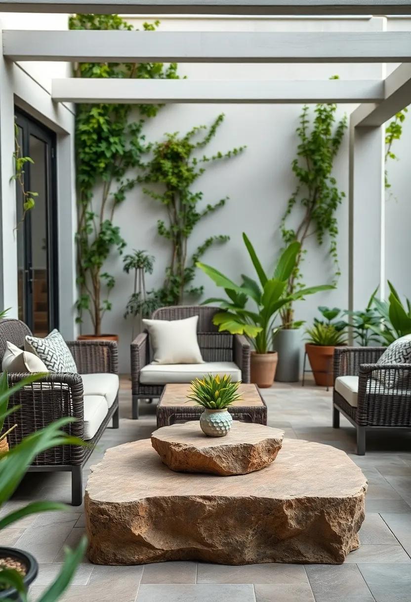 Create a garden retreat with a woven lounge set surrounded by climbing plants and⁣ a rustic stone coffee table for earthy charm