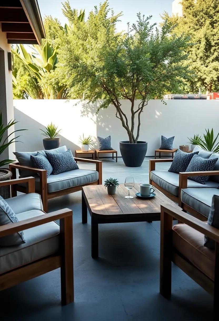 Discover the charm of a classic ‍teak lounge set paired with a rustic wooden coffee table, perfect for enjoying morning coffees in serene surroundings