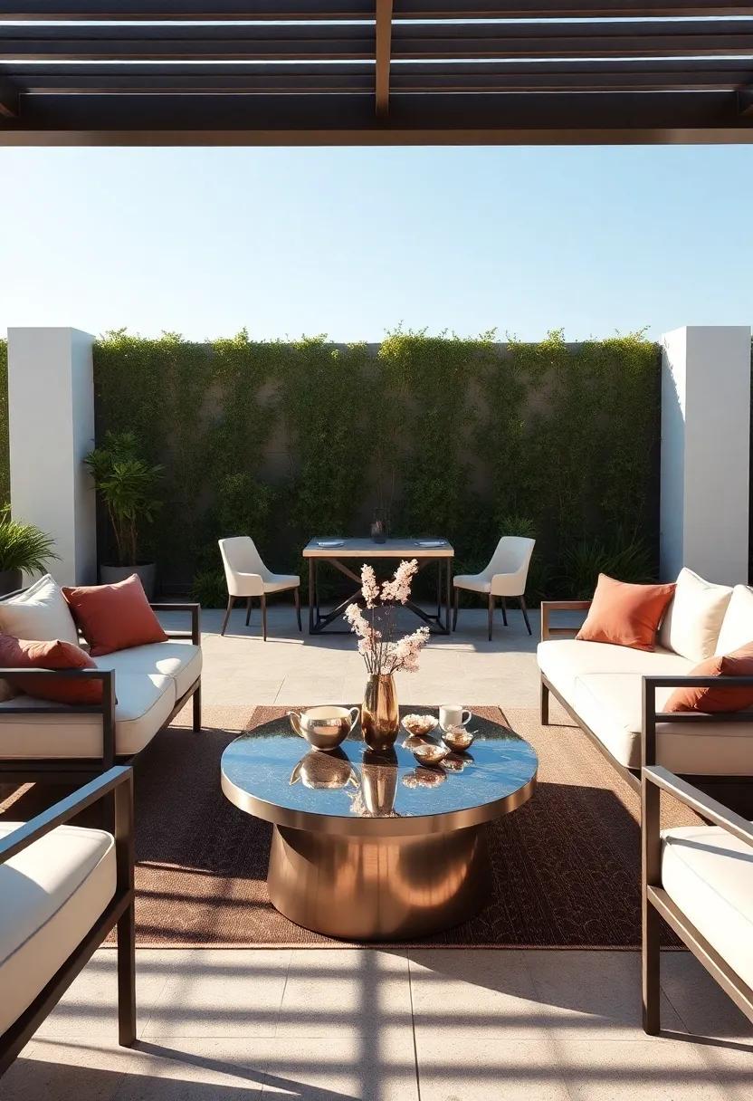 Elegant Modernity: Sleek furniture paired ​with a chic‌ metallic coffee table creates a refined setting for afternoon tea under the ‌sun