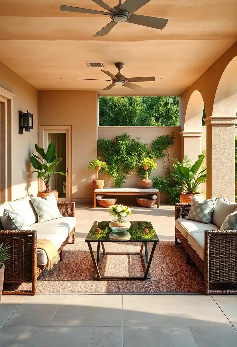 Embrace the sun with a sleek rattan sectional and a glass-topped coffee table, creating a chic focal point for your outdoor oasis