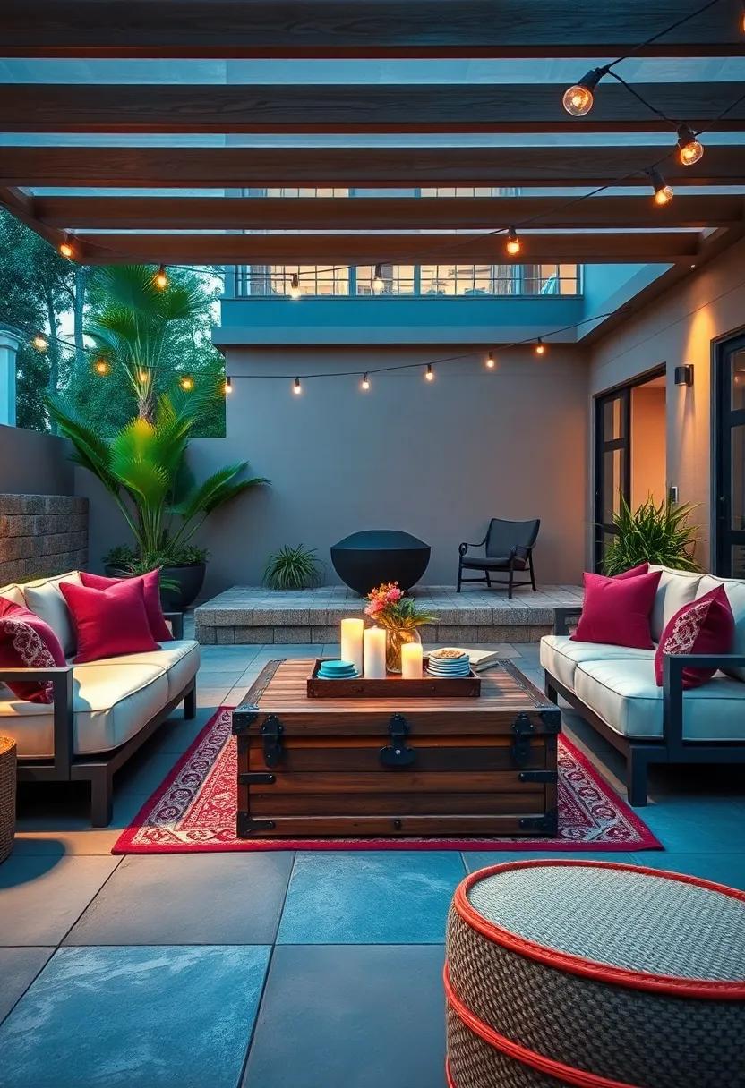 Embrace‌ outdoor movie nights with an oversized, cushioned lounge set and a rustic trunk coffee table, perfect for storing⁢ blankets and ​snacks