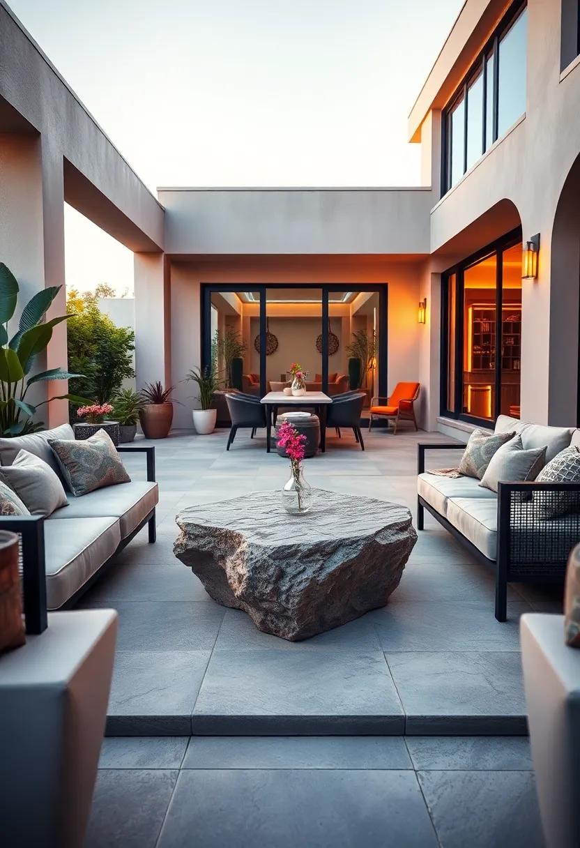 Experience luxury with a plush, deep-seated lounge and ​a unique, carved stone coffee table that brings an organic element to your ⁢space