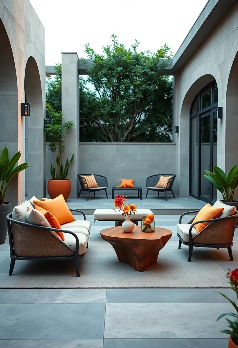 Explore contemporary comfort with a plush,low lounge chair and a unique,asymmetrical coffee table that sparks conversation