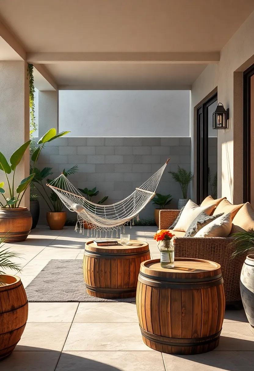 Immerse in serenity with a hammock⁤ lounge setup alongside a compact barrel-style coffee‍ table, ideal for laid-back ​sipping sessions