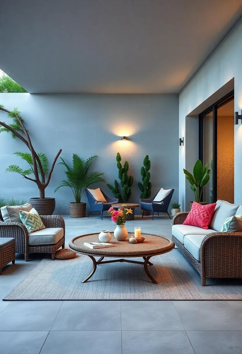 Indulge in cozy comfort with a plush, oversized outdoor sofa⁤ and a handcrafted wicker coffee table that invites leisurely afternoons