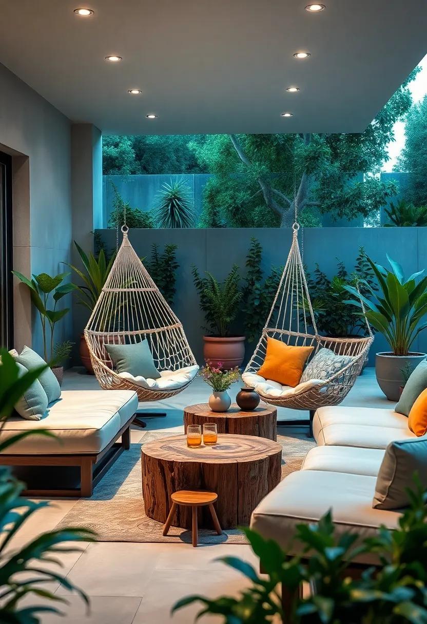 Invite nature in with a hammock chair‍ paired with a tree stump coffee table, perfect for lazy days spent‌ swaying amongst the leaves