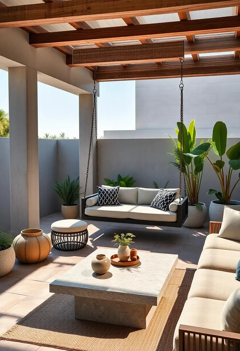 Recreate a serene hideaway with a cushioned swing bed and a sleek, low coffee table, perfect for enjoying lazy weekend afternoons