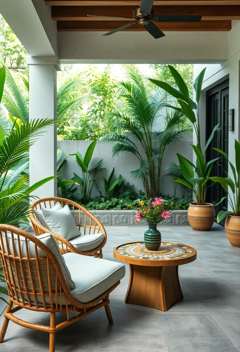 Go tropical with a bamboo lounge chair‍ and a‍ colorful mosaic table, inspiring​ relaxation‌ and reverie amidst lush greenery