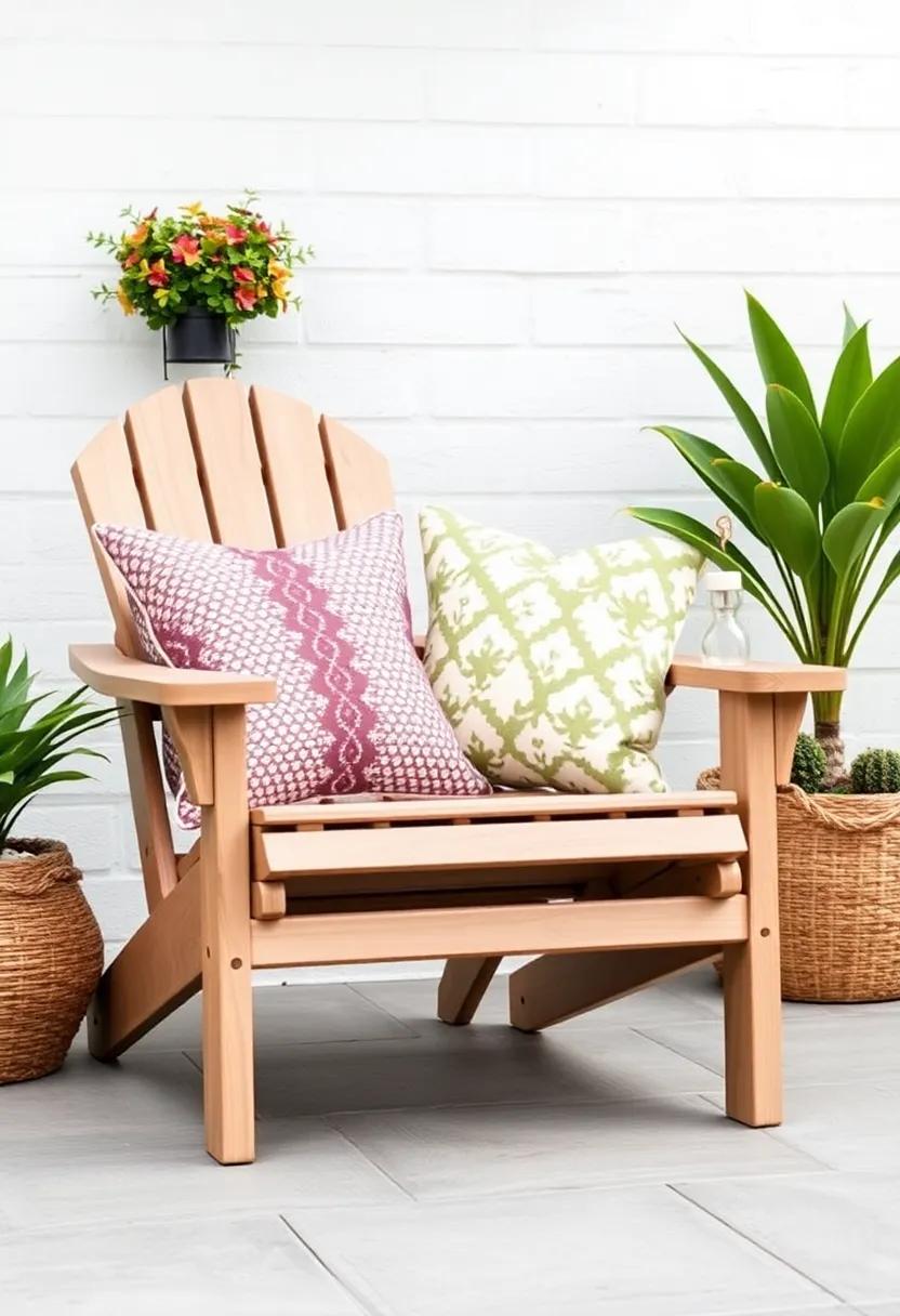 Brighten your outdoor lounge area with a mix of patterned throw‌ pillows on a classic Adirondack chair, inviting you to sit back and relax