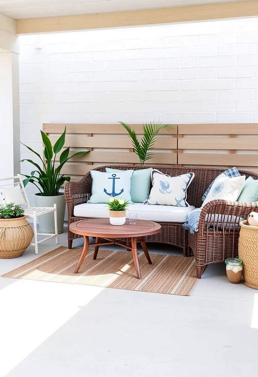 Achieve a coastal look with a wicker sofa​ draped in nautical-themed throw pillows, transporting you to a beachside paradise right in your backyard