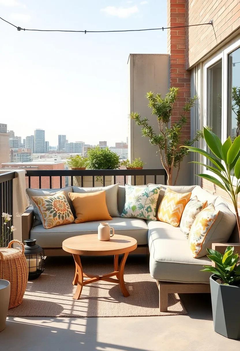 Upgrade your balcony with a compact,cushioned corner sofa,adorned with decorative throw pillows for a cozy city escape