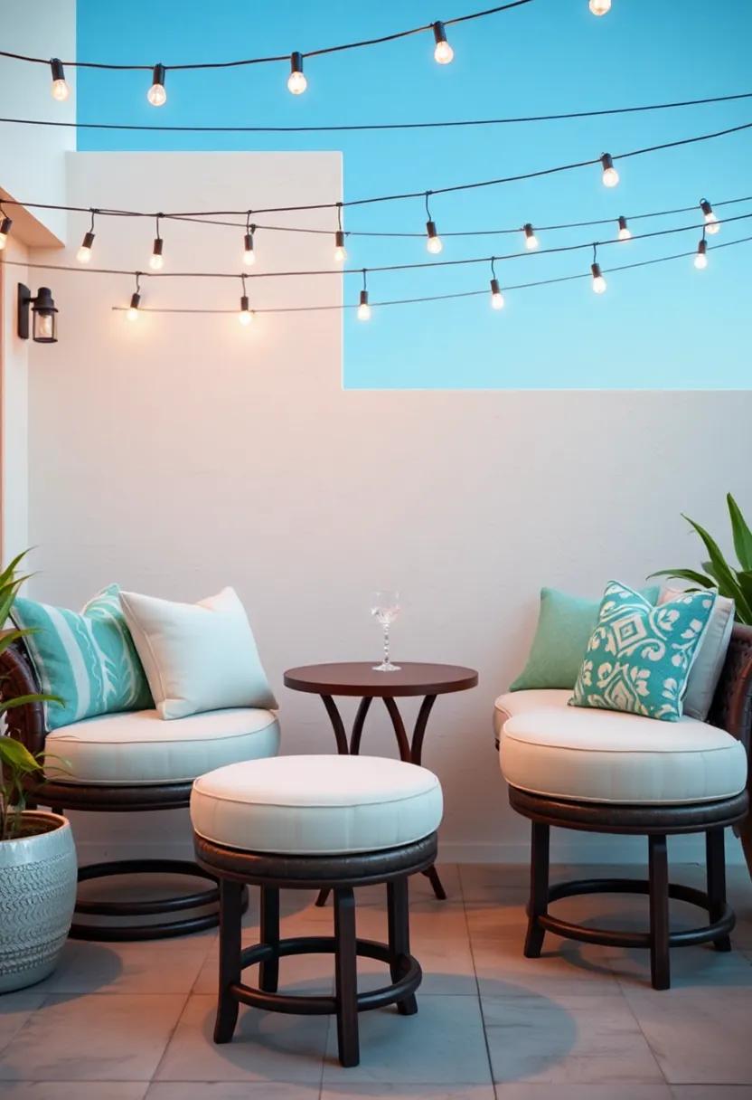 impress guests with ‌an outdoor bar space that includes cushioned stools, topped with fun throw pillows that brighten up your evening ⁣gatherings