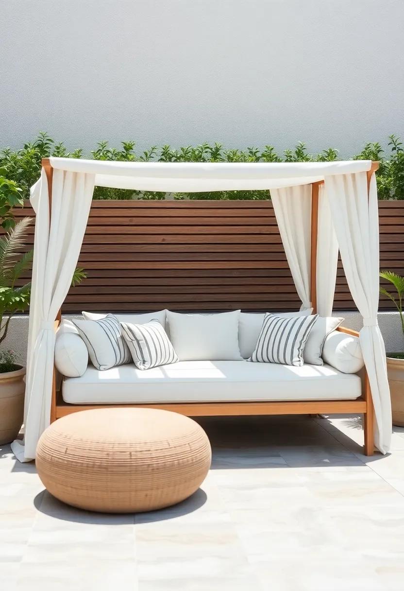 Integrate a chic daybed with a canopied frame, surrounded by fluffy throw pillows ⁢for a dreamy ‌escape from the sun