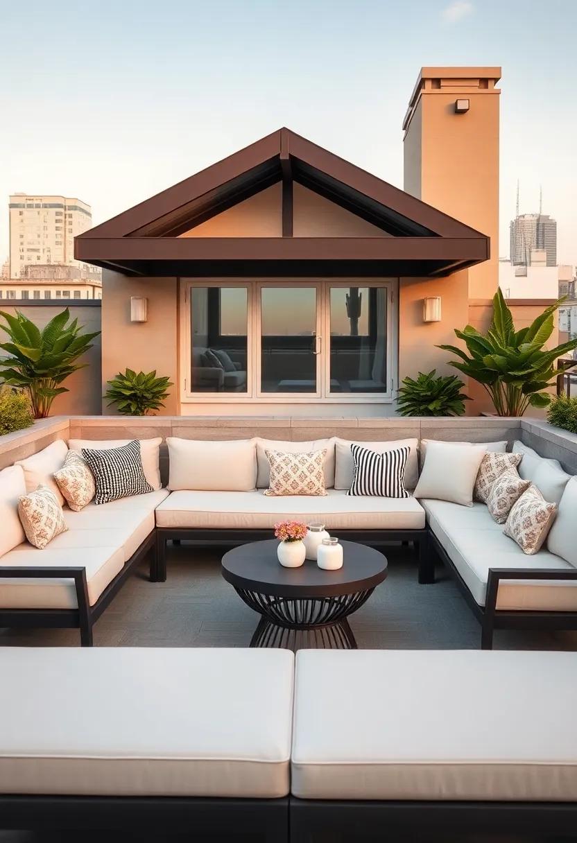 Design an upscale rooftop terrace ​featuring​ a plush, cushioned seating area equipped with stylish throw pillows for an urban haven