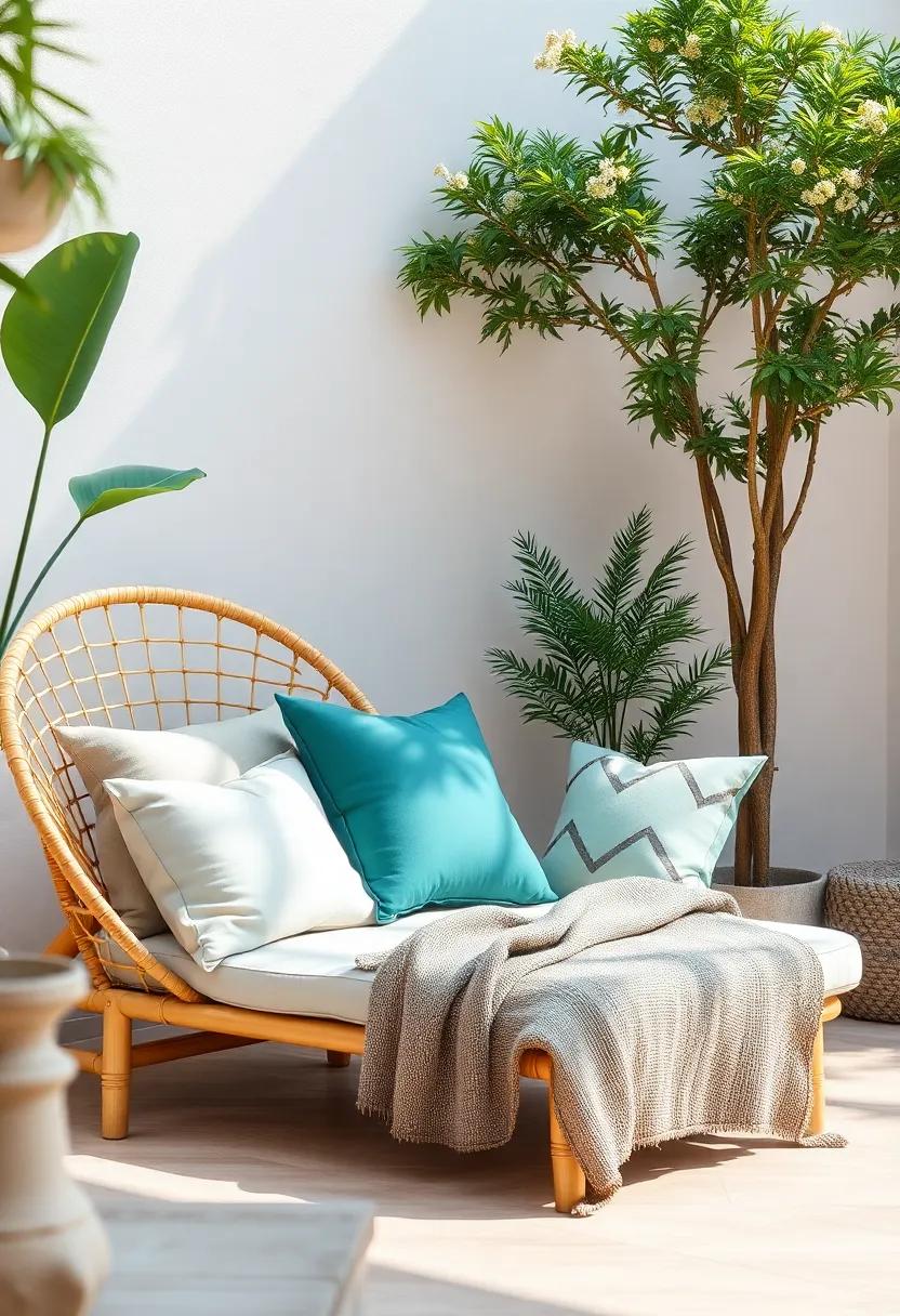 Create a peaceful retreat with a bamboo lounger, stretched out with cool-toned ‌throw⁢ pillows for​ an atmosphere of calm and relaxation