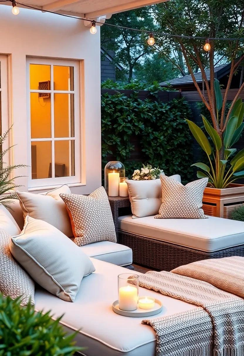 Bring the spa vibe to your patio​ with ​a plush chaise lounge adorned with soft​ pillows,​ accompanied by scented candles for the ultimate relaxation