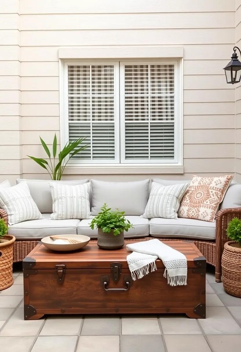 Elevate a modest patio space with a vintage trunk used as a coffee table, surrounded by comfy throw pillows for a unique lounging option