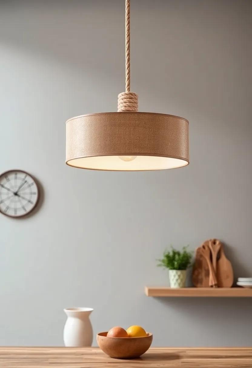 Drum Pendant with Rope⁢ Accents: A perfect​ fusion of⁢ materials, this drum ‌pendant light with rope accents evokes a seaside⁣ feel⁣ and lightens up your culinary space