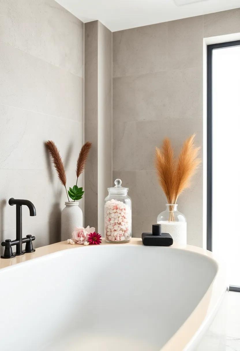 Fragrant Bath Salts:​ Add a jar of artisanal bath ‌salts⁣ for a touch of luxury and⁢ an inviting visual‌ element on your ‍tub ‌ledge