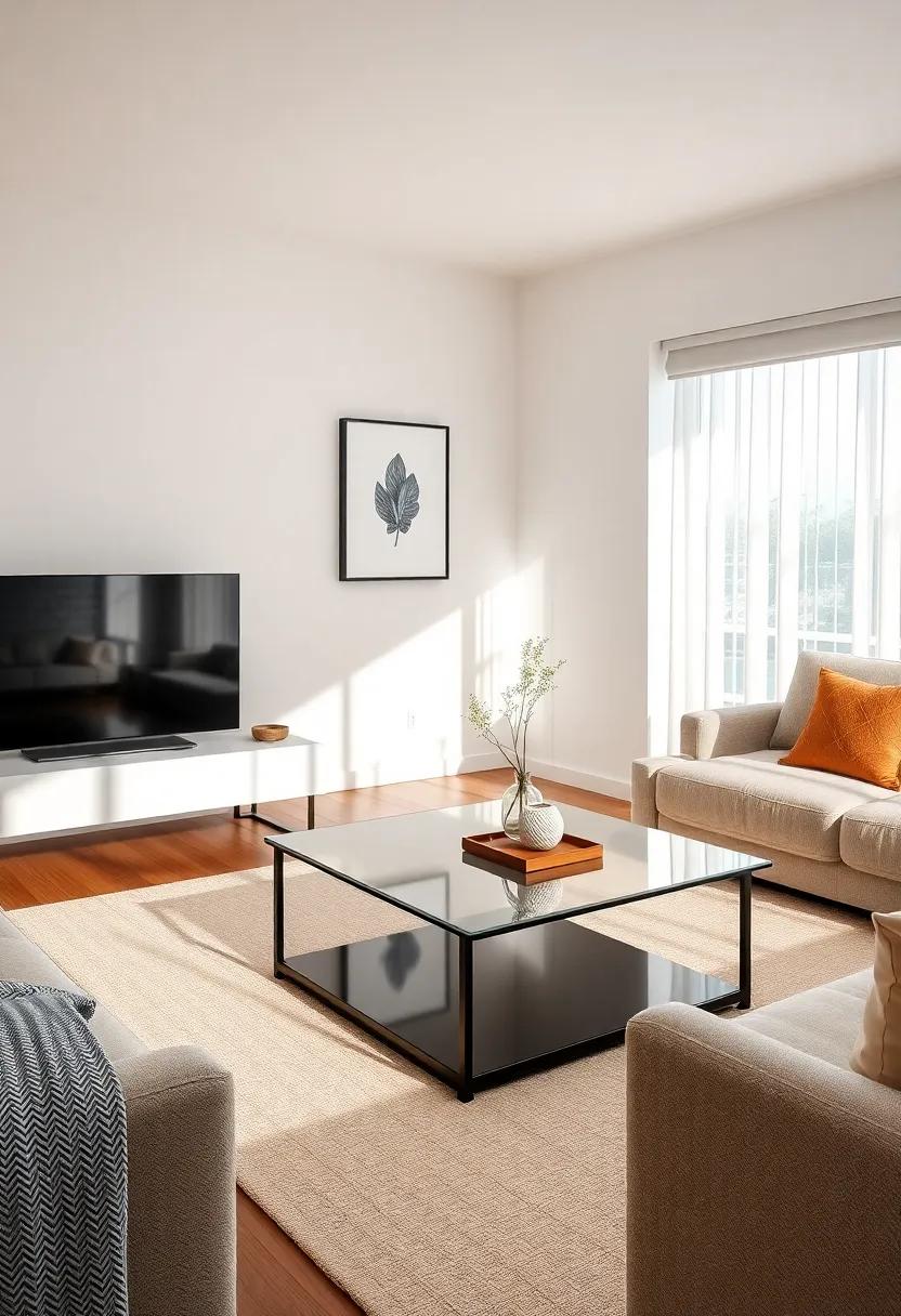 Embrace ⁢Minimalism: Choose a⁣ sleek, glass⁢ coffee table that reflects light and creates an‍ illusion of space in your small ‌living‌ room
