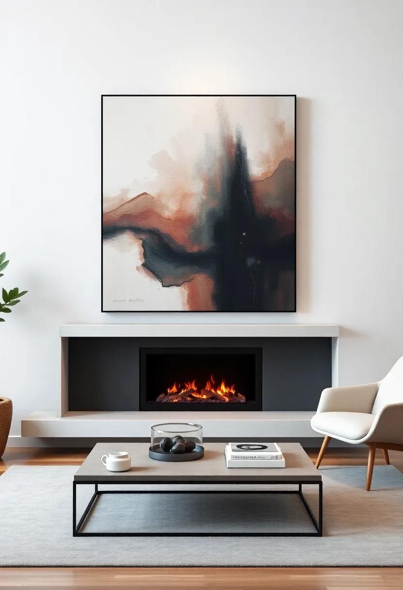 A sleek, minimalist fireplace paired with a⁢ large abstract canvas captures the‍ essence of modern design, blending warmth with artistic charm