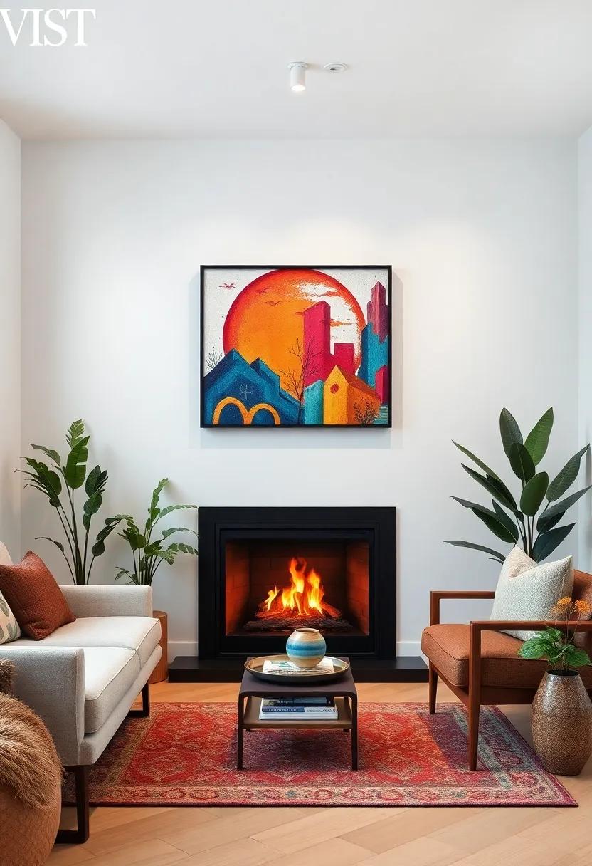 A cozy nook showcases a contemporary fireplace framed by a vibrant mural, bringing a sense of energy and creativity to the ⁢small space