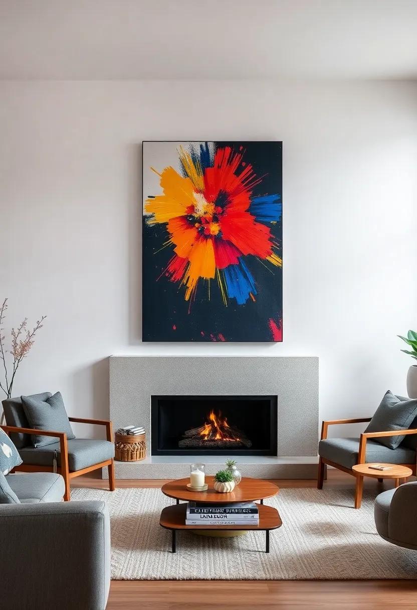 In this urban ⁤retreat, a minimalistic fireplace serves as a backdrop to a large, colorful installation piece, making the room feel both inviting and dynamic
