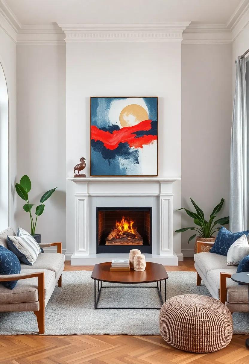 A classic fireplace meets modern art in ⁢this stylish living room, featuring bold acrylic ⁢paintings that pop against a muted color scheme