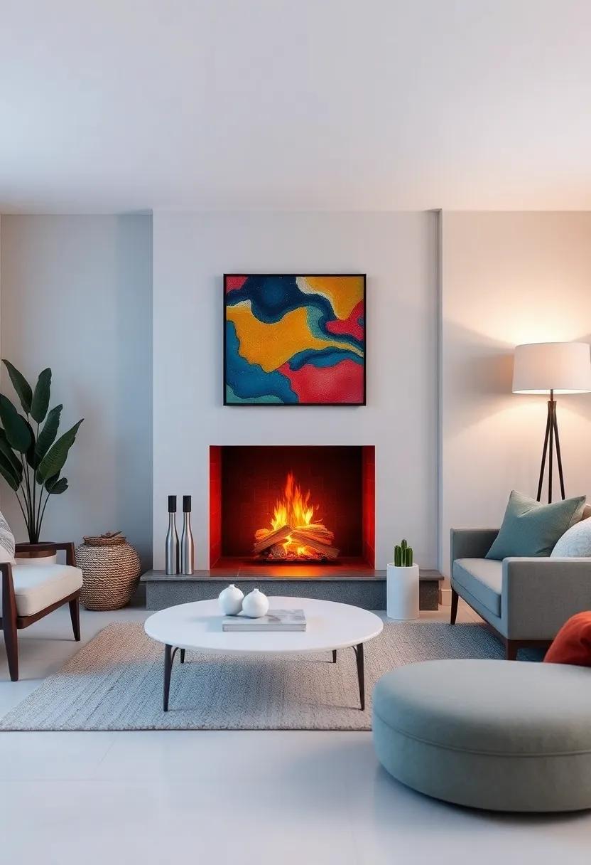 The‌ warmth from the fireplace is enhanced by⁤ colorful abstract art pieces, making this cozy space feel uniquely⁤ personalized and inviting
