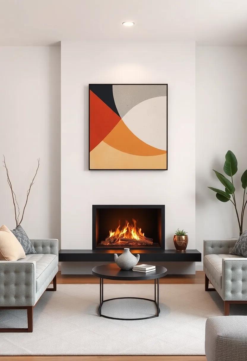 Geometric shapes in the fireplace design repeat in ‌striking wall art, creating a cohesive, contemporary look that enhances the room's ⁤overall harmony