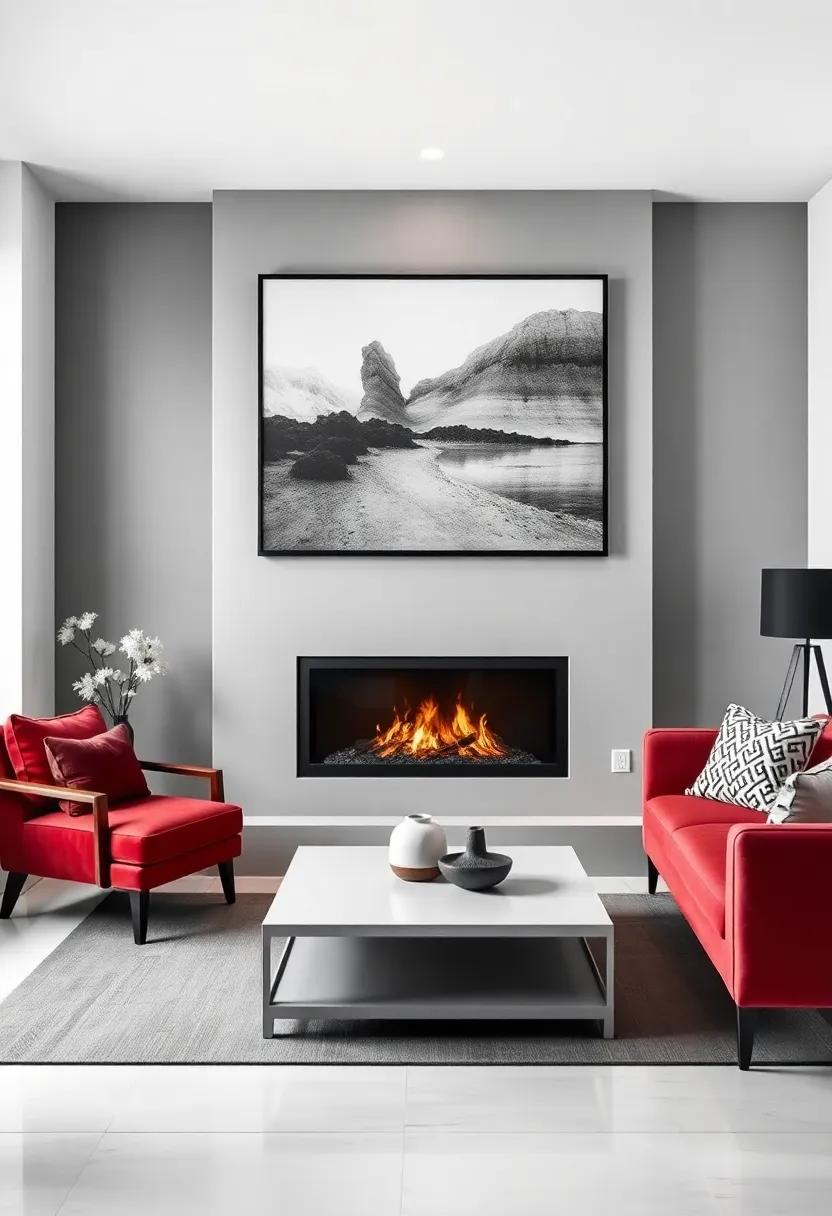 This charming living room combines ‍a stylish linear fireplace with striking black-and-white photography, creating a dramatic focal ⁤point that draws the eye