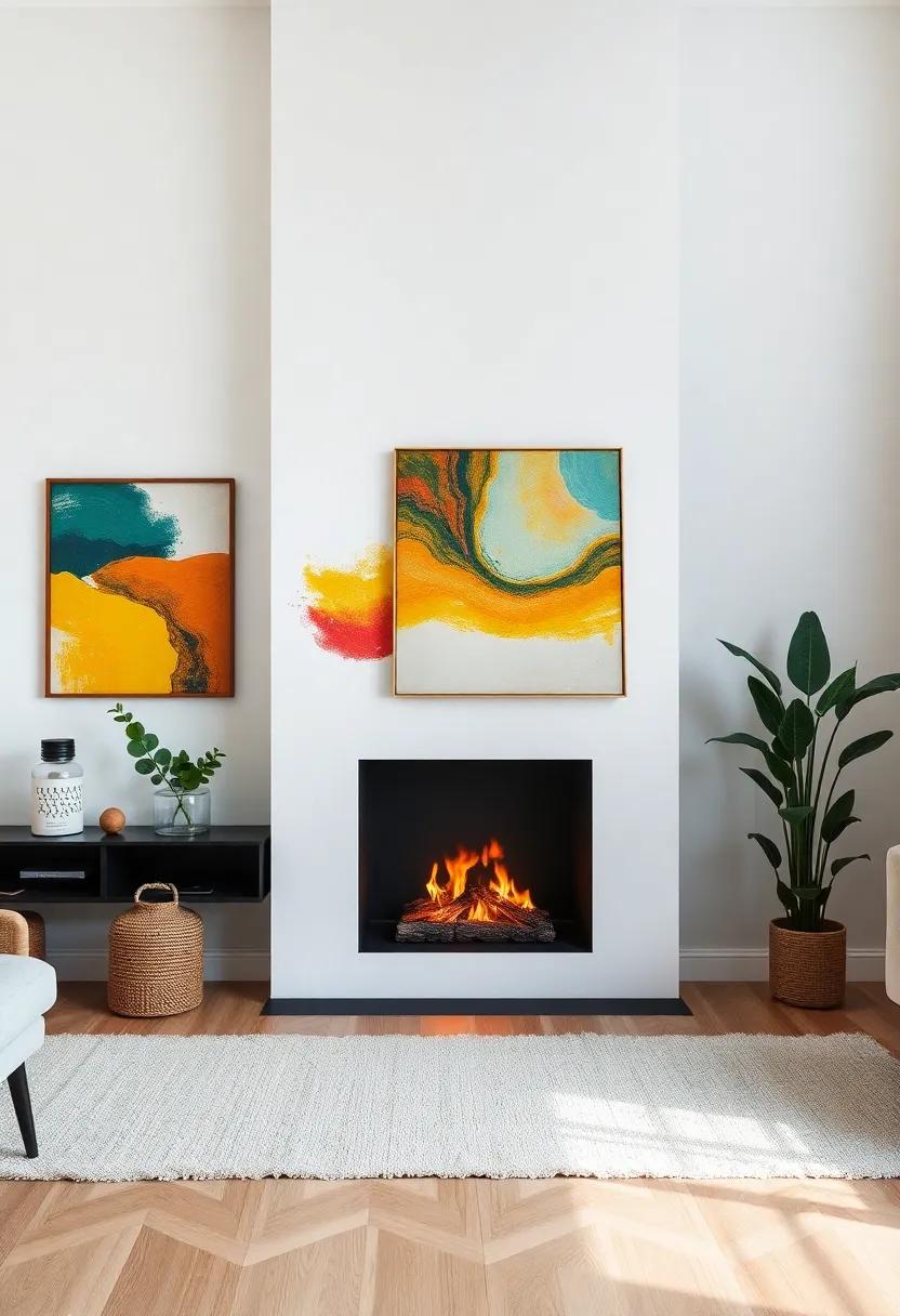 A striking fireplace design complements⁤ a series of colorful canvas prints, making this⁤ contemporary​ living room both stylish and lively