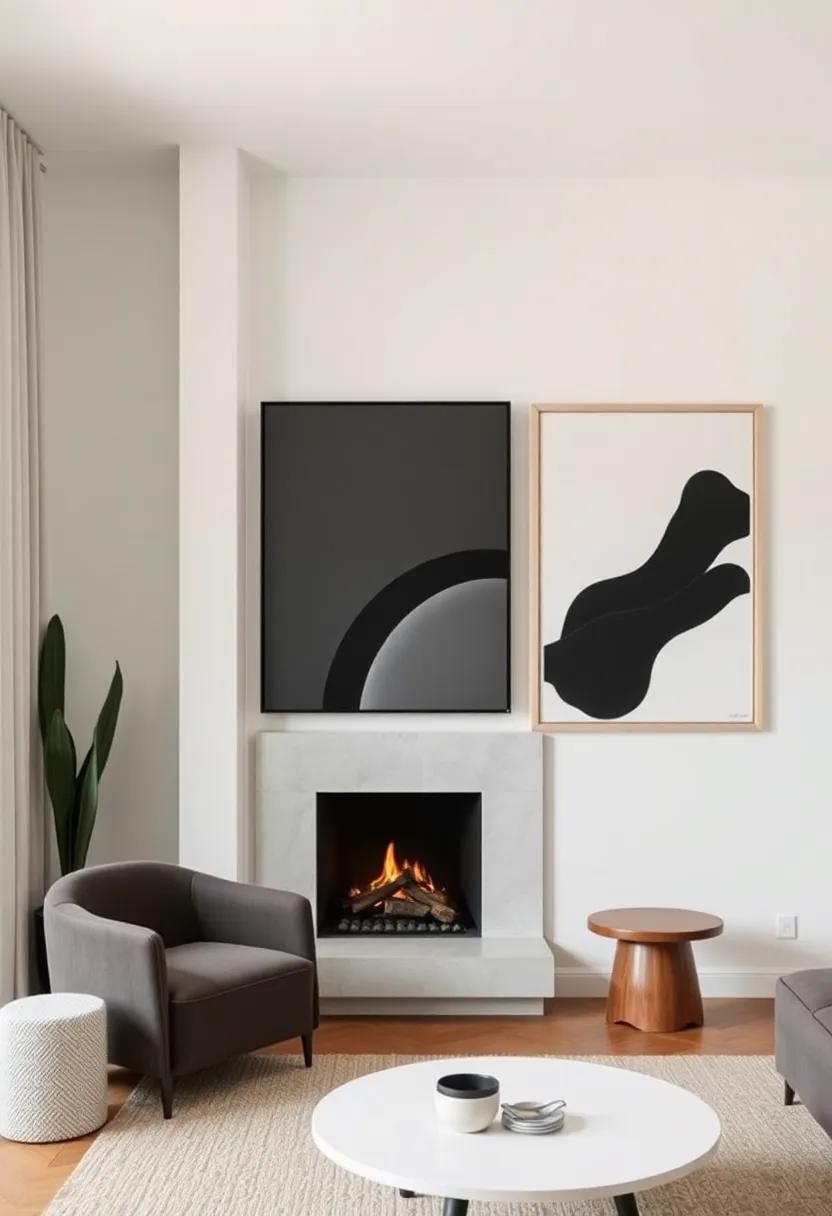 This snug corner features a⁢ sculptural fireplace paired with large, monochromatic art pieces, embodying chic minimalism and artistic flair