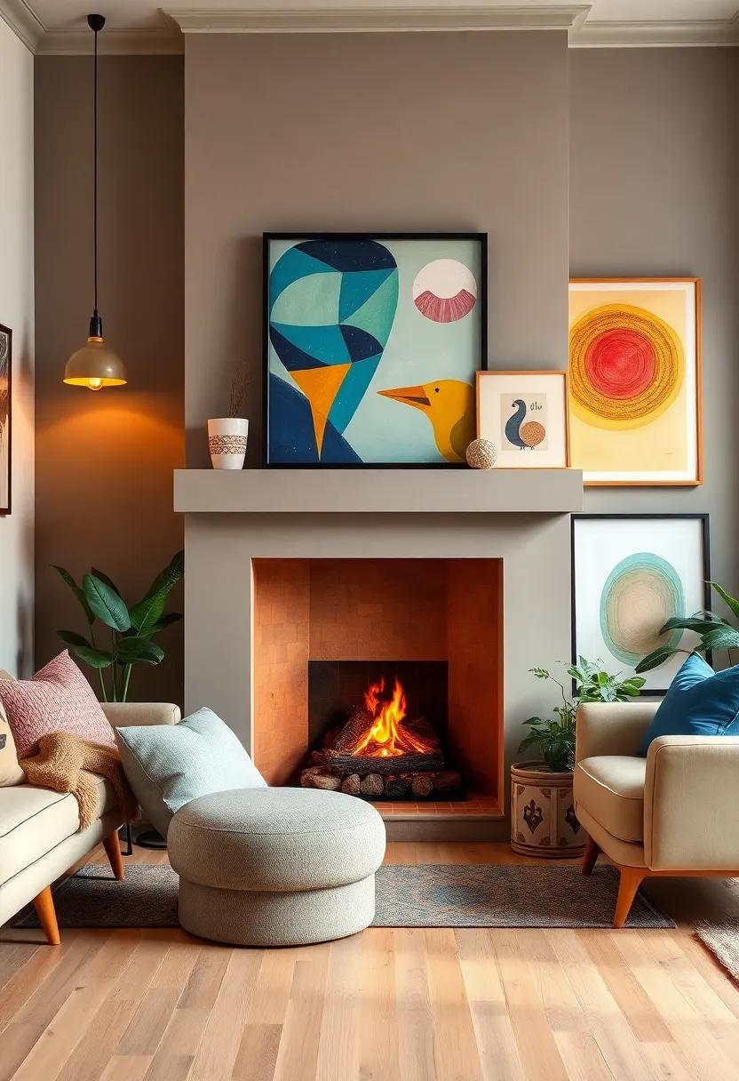 A vibrant fireplace surrounded by whimsical art⁤ pieces infuses this small‍ living room with personality and warmth, inviting creativity to flourish