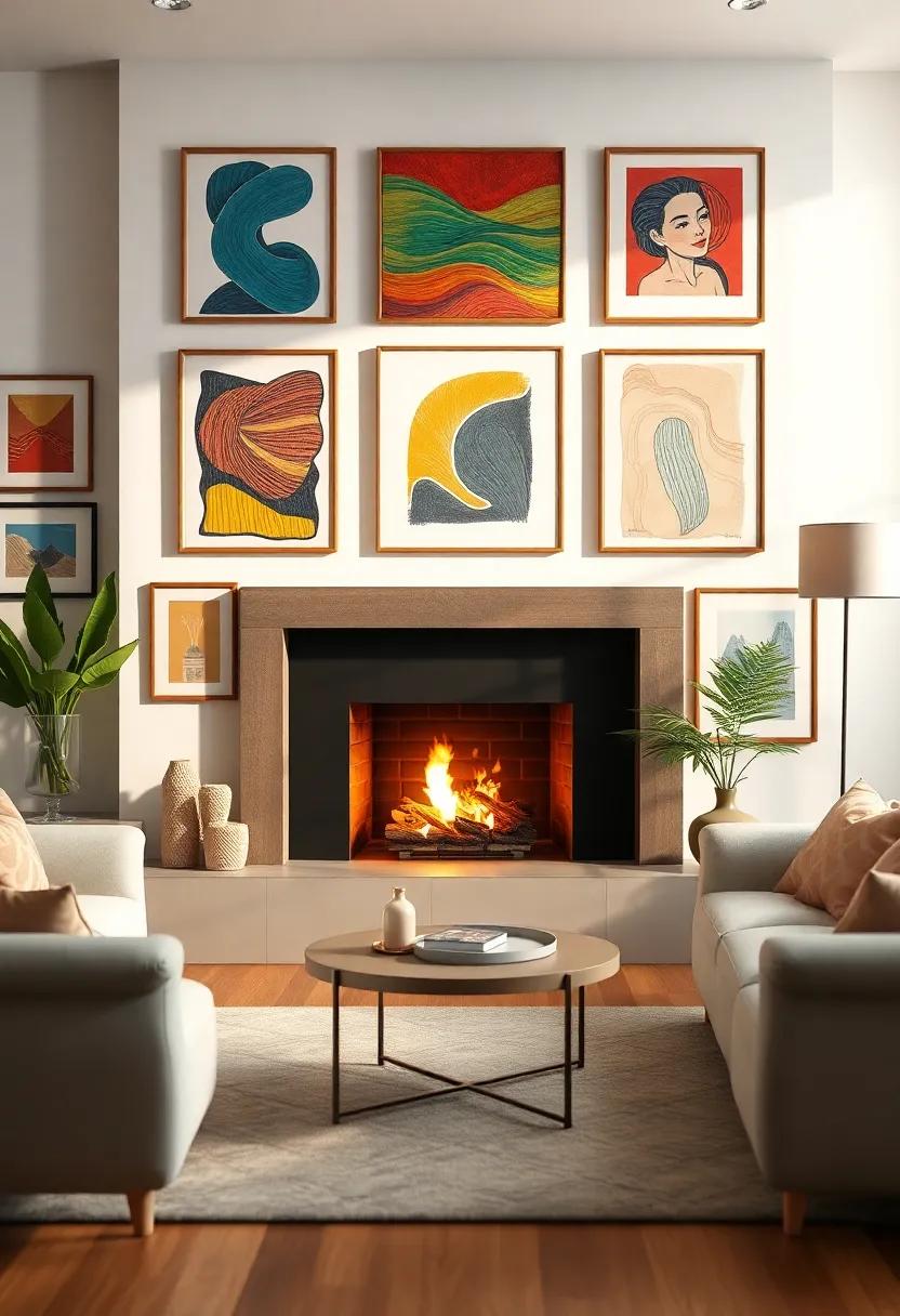 An⁤ industrial-style fireplace is beautifully offset ⁣by a series of striking mixed-media artworks, creating⁣ a sophisticated ‌yet comfortable atmosphere