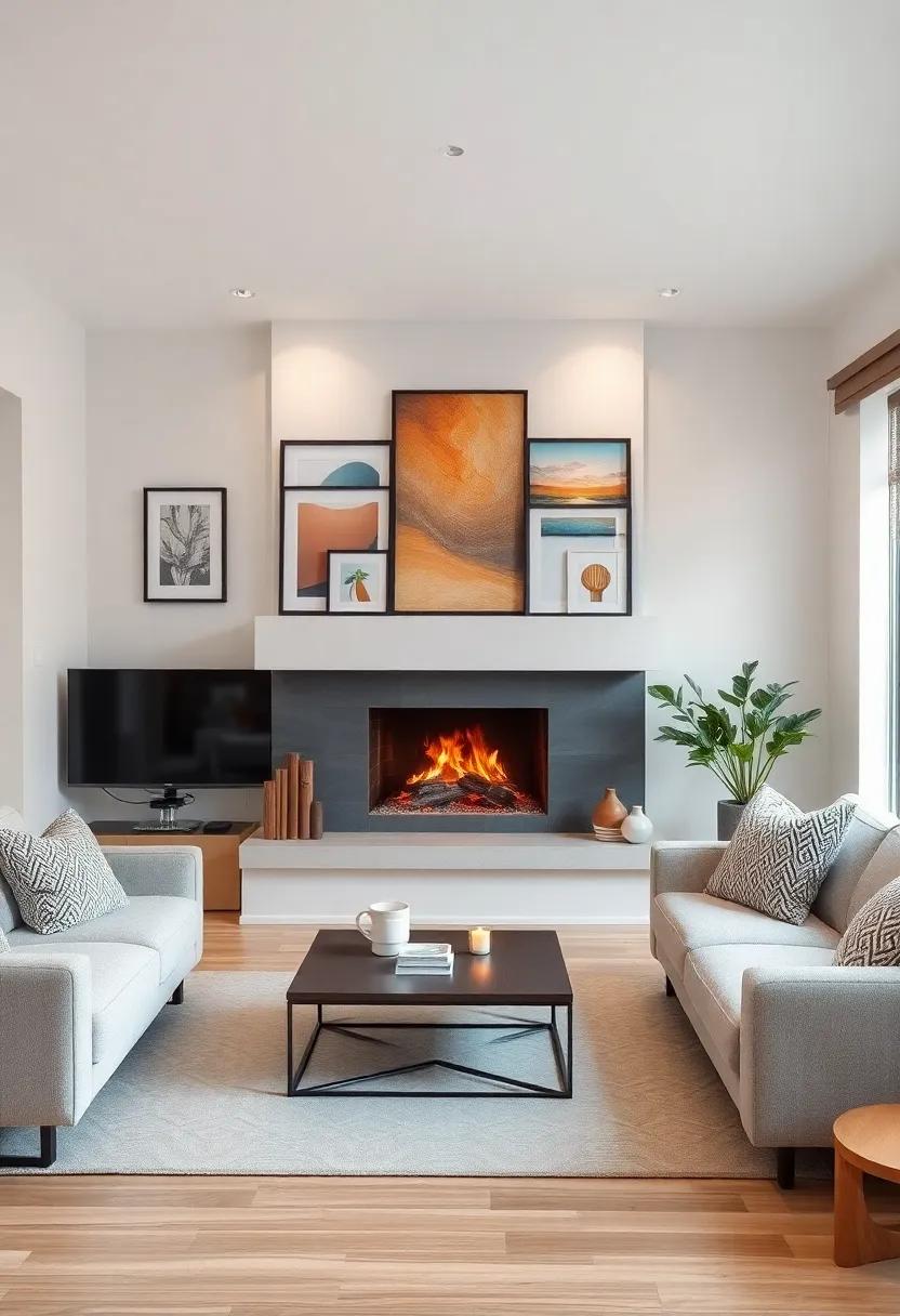 A brilliant‍ fireplace serves as a backdrop for an eclectic collection of framed artworks, inviting both warmth and creativity into this small space