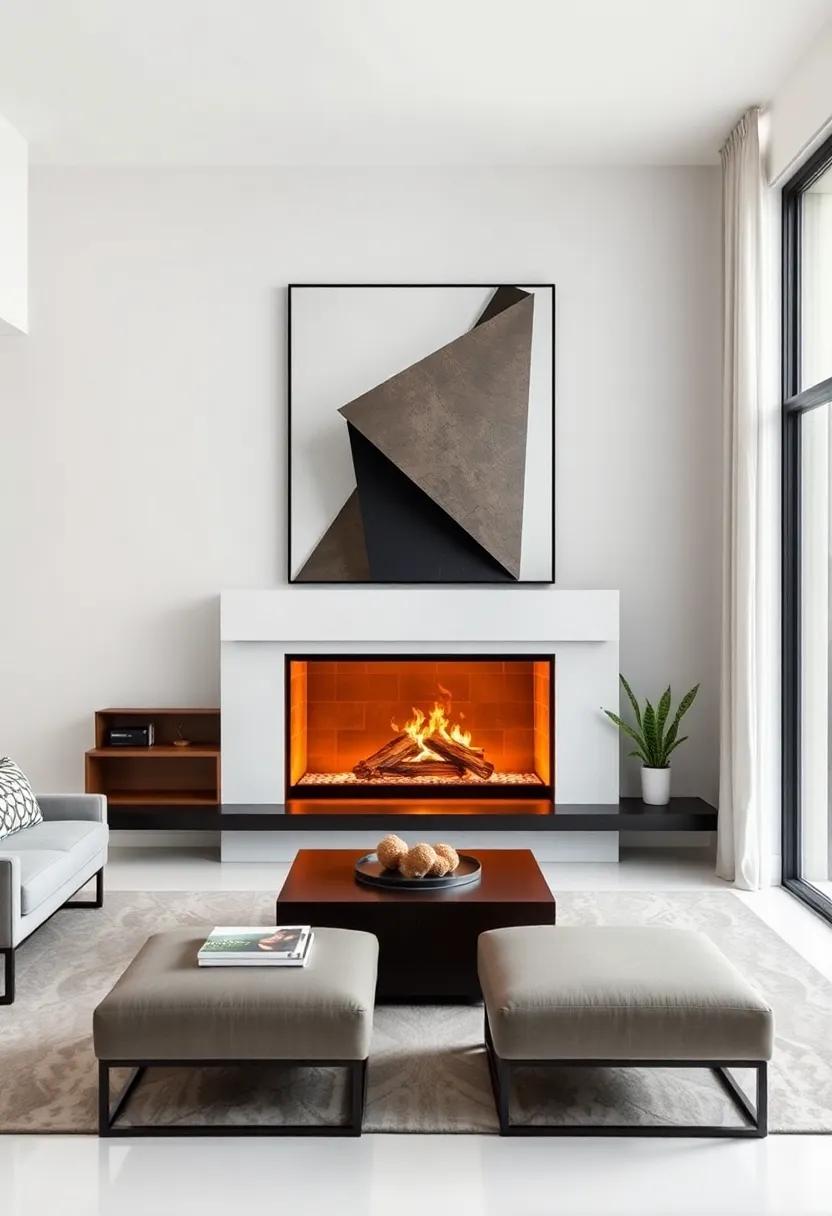 The perfect balance⁢ of form and function, this compact living⁤ room features a geometric fireplace that mirrors the angular lines of an oversized sculpture